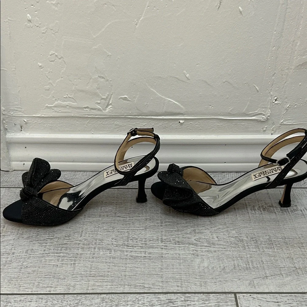 Badgley Mischka Black Sequin Bow Ankle Strap Heels